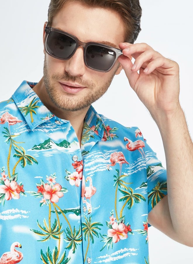 SSLR Mens Hawaiian Shirt Flamingos Casual Short Sleeve Button Down Shirts Aloha Shirt, Blue, M - Image 3