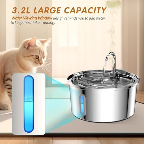 Foliam® Cat Water Fountain - 3.2L/108oz Stainless Steel Pet Water Drinking Fountain for Cats Indoor, Dog Water Fountain with Water Level Window (Steel, Round 3L-1) - Image 3
