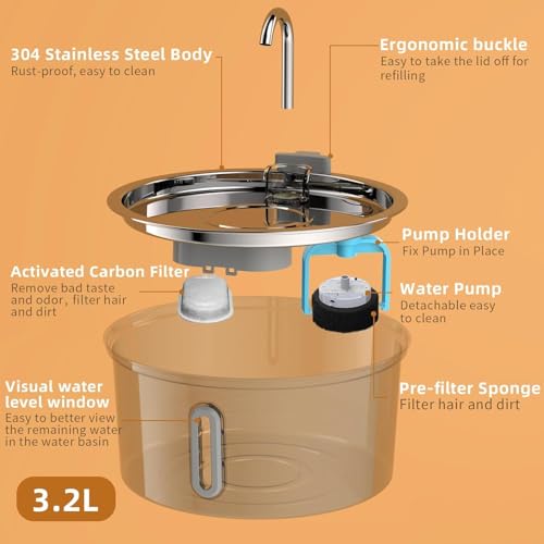 Foliam® Cat Water Fountain - 3.2L/108oz Stainless Steel Pet Water Drinking Fountain for Cats Indoor, Dog Water Fountain with Water Level Window (Steel, Round 3L-1) - Image 2