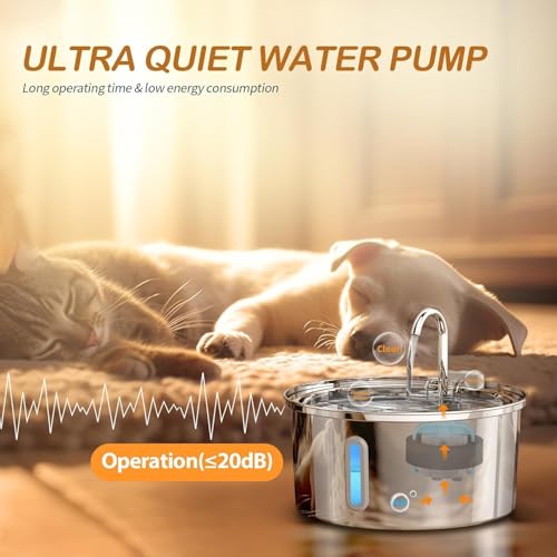 Foliam® Cat Water Fountain - 3.2L/108oz Stainless Steel Pet Water Drinking Fountain for Cats Indoor, Dog Water Fountain with Water Level Window (Steel, Round 3L-1) - Image 5