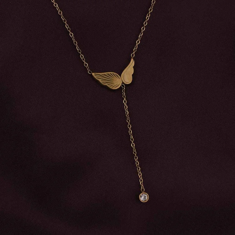 Palmonas  18K Gold Tone Plated Angel Wing Dangling Diamond Necklace For Women - Waterproof & Anti-Tarnish for Women | Best Price UAE