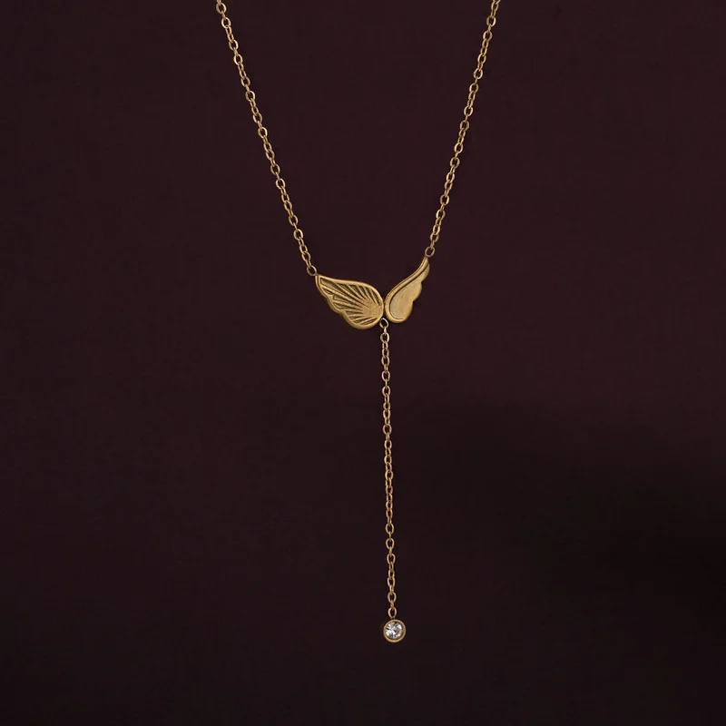 بالموناس 18K Gold Tone Plated Angel Wing Dangling Diamond Necklace For Women - Waterproof & Anti-Tarnish
