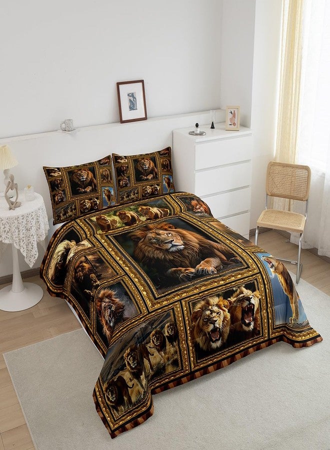 Feelyou طقم لحاف Feelyou Kids Lion، مقاس كوين، بنقشة سفاري مربعة، مناسب لغرف الأولاد والبنات، بتصميم ثلاثي الأبعاد لحيوانات برية، مع غطاءين للوسائد. - Image 2