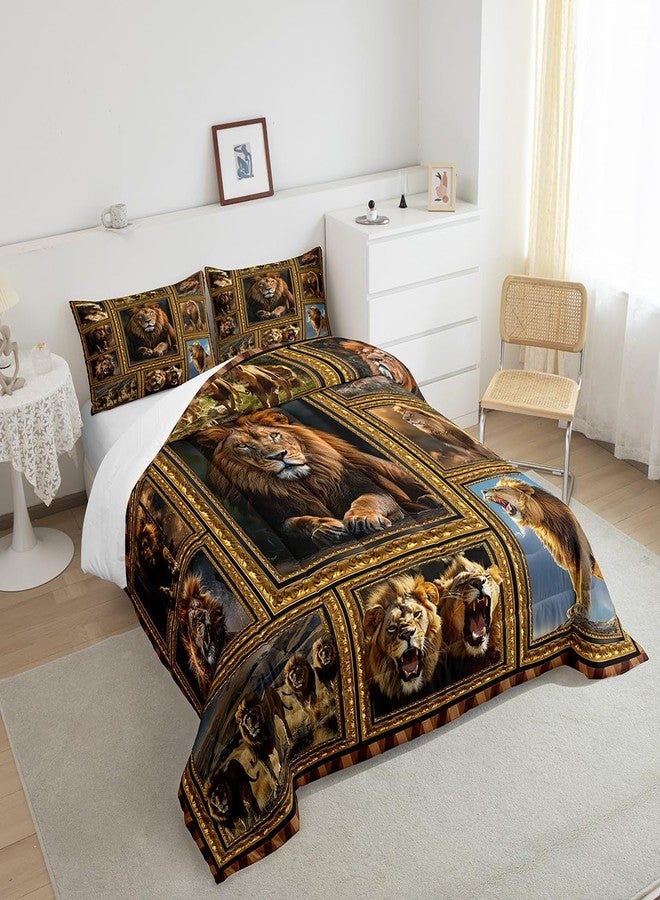 Feelyou طقم لحاف Feelyou Kids Lion، مقاس كوين، بنقشة سفاري مربعة، مناسب لغرف الأولاد والبنات، بتصميم ثلاثي الأبعاد لحيوانات برية، مع غطاءين للوسائد. - Image 4