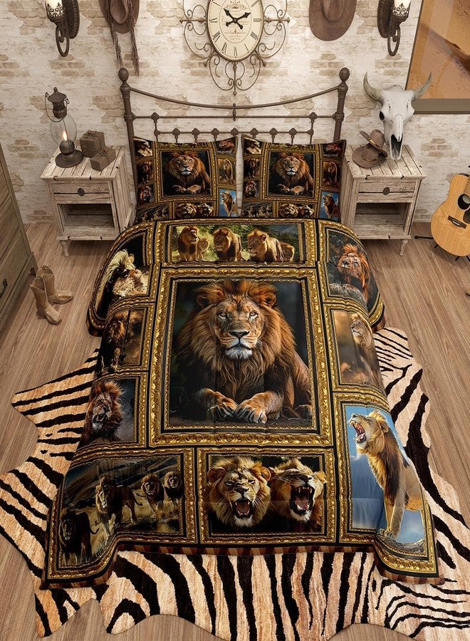 Feelyou طقم لحاف Feelyou Kids Lion، مقاس كوين، بنقشة سفاري مربعة، مناسب لغرف الأولاد والبنات، بتصميم ثلاثي الأبعاد لحيوانات برية، مع غطاءين للوسائد. - Image 1
