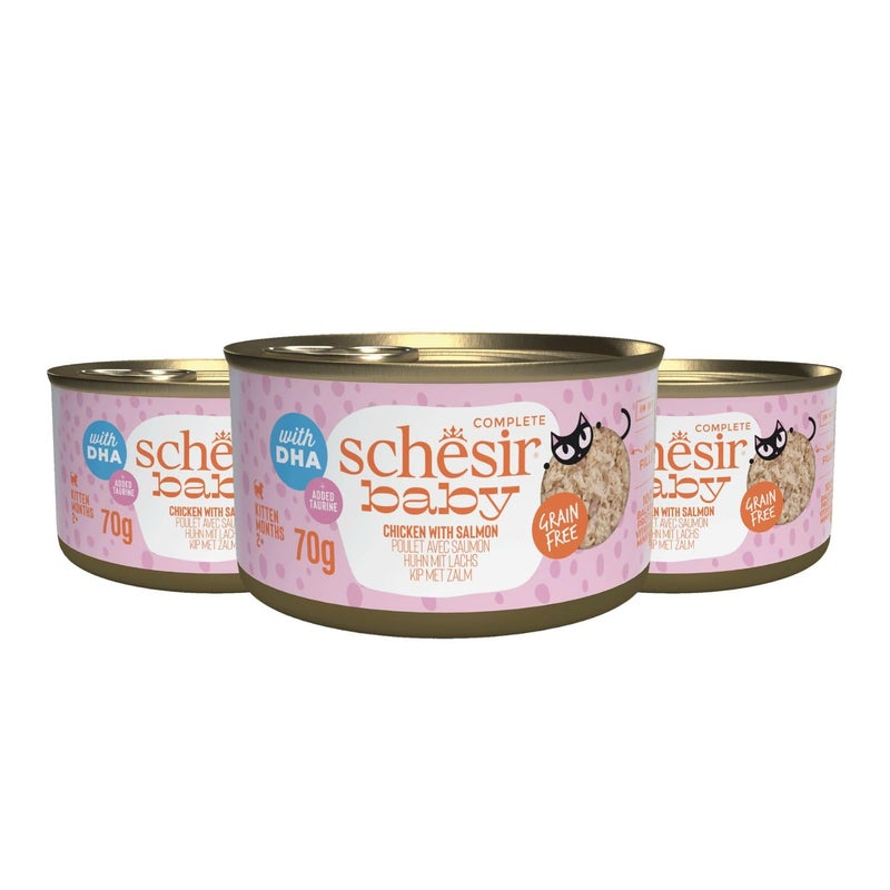 Schesir طعام قطط شيسير بيبي كيتن الكامل، دجاج وسالمون - غذاء غني بالبروتين ومتوازن 70غ (عبوة من 3) - Image 1