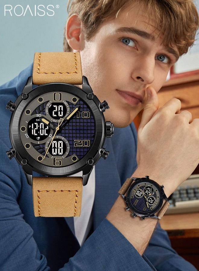 رويس ساعة رياضية رقمية بعقارب مزدوجة العرض للرجال، متعددة الوظائف مقاومة للماء مضيء بسوار جلدي، ساعة يد كوارتز إلكترونية مع المنبه وساعة التوقيف والإضاءة الخلفية للأنشطة الخارجية - Image 1