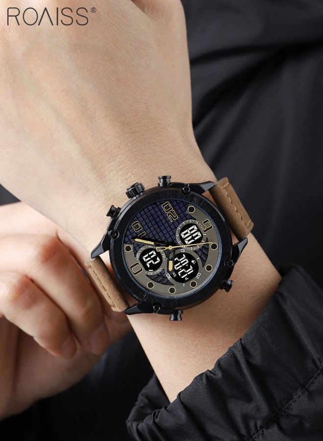 رويس ساعة رياضية رقمية بعقارب مزدوجة العرض للرجال، متعددة الوظائف مقاومة للماء مضيء بسوار جلدي، ساعة يد كوارتز إلكترونية مع المنبه وساعة التوقيف والإضاءة الخلفية للأنشطة الخارجية - Image 2