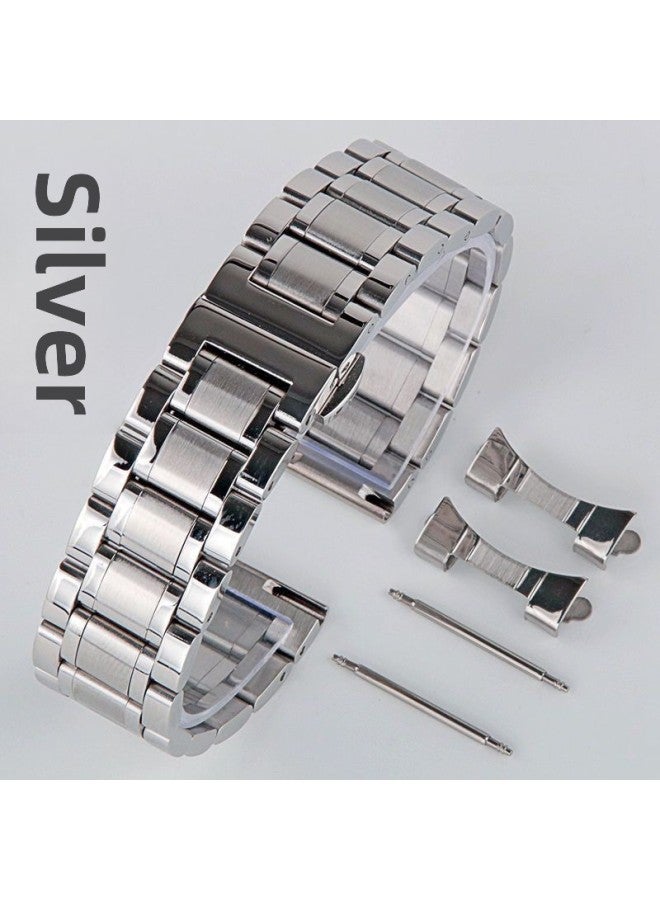 Beauenty Solid Stainless Steel Watch Band Unisex Metal Bracelet Double Press erfly Buckle Stainless Steel Strap 20mm-Color:Silver-22mm - Image 1