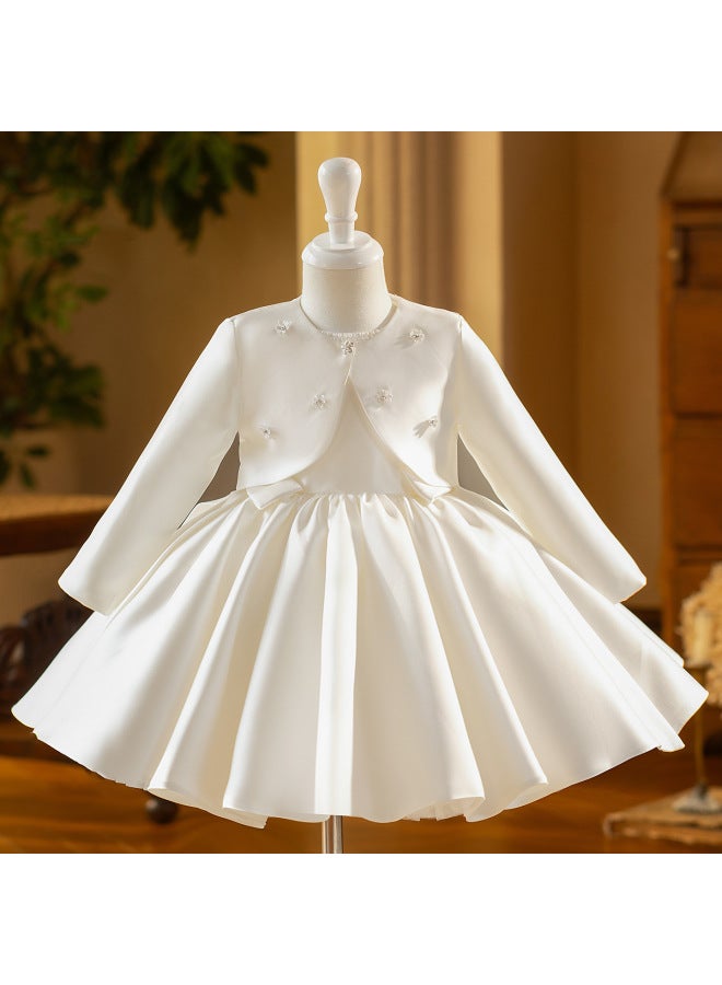White Satin Princess Dress With Shawl And Pearl Flower Embellishments, Exuding A Luxurious Feel,  New Evening Gown