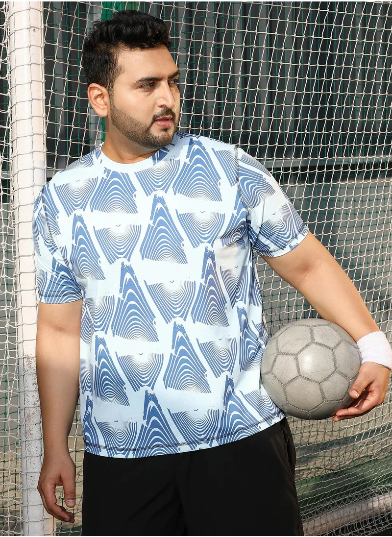 انستافاب بلس Instafab Plus Men's Cream White & Aegean Blue Fade-Imrint Activewear T-Shirt For Casual Wear | Crew Neck | Short Sleeves | Plus Size Jersey T-Shirt Crafted With Comfort Fit For Everyday Wear