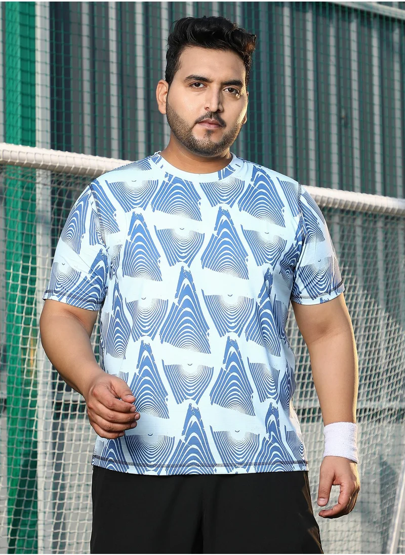 انستافاب بلس Instafab Plus Men's Cream White & Aegean Blue Fade-Imrint Activewear T-Shirt For Casual Wear | Crew Neck | Short Sleeves | Plus Size Jersey T-Shirt Crafted With Comfort Fit For Everyday Wear