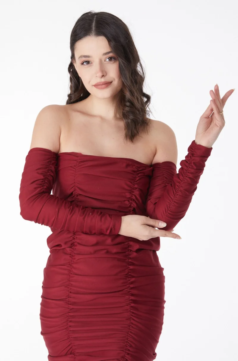 Tofisa Plain Medium Women's Burgundy Pleated Dress - 13175