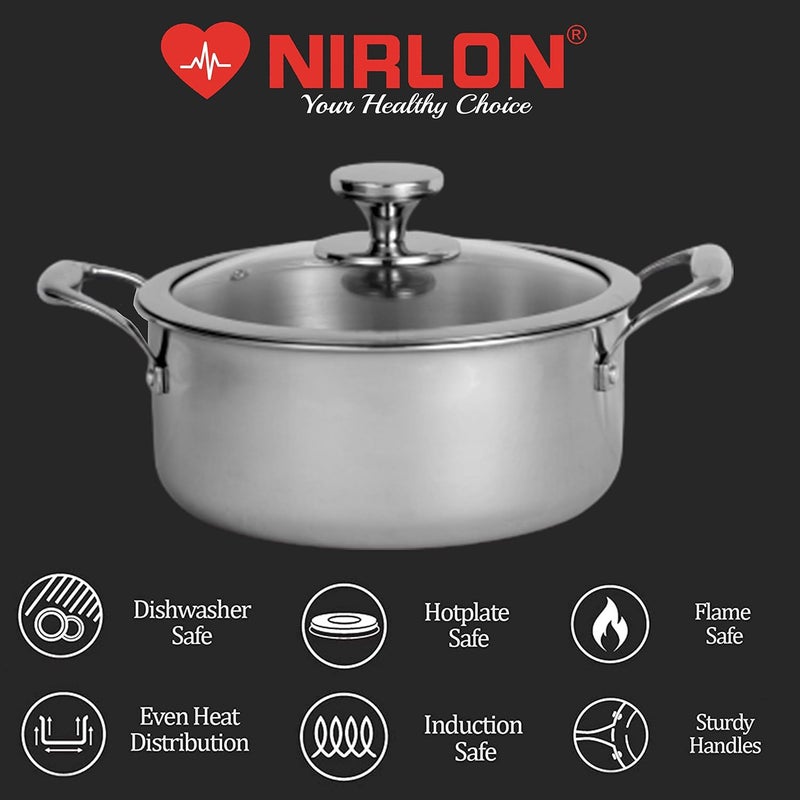Nirlon Platinum Triply Stainless Steel 2Pcs Induction Friendly Cookware Combo Set (Casserole with Glass Lid 20 cm|2.8 Liter + Casserole with Glass Lid 22 cm|3.6 Liter) - Image 4