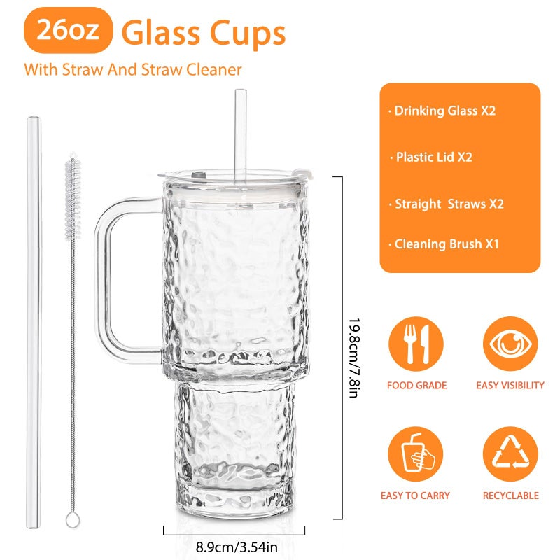 SoulTimes 26oz Water Ripple Glass Tumbler with Handle & Lid, Reusable Iced Coffee Cups with Straws â€“ Set of 2, Glass Cups for Smoothies, Juice, Coffee, Tea â€“ Travel Mugs for Daily Use - Image 2