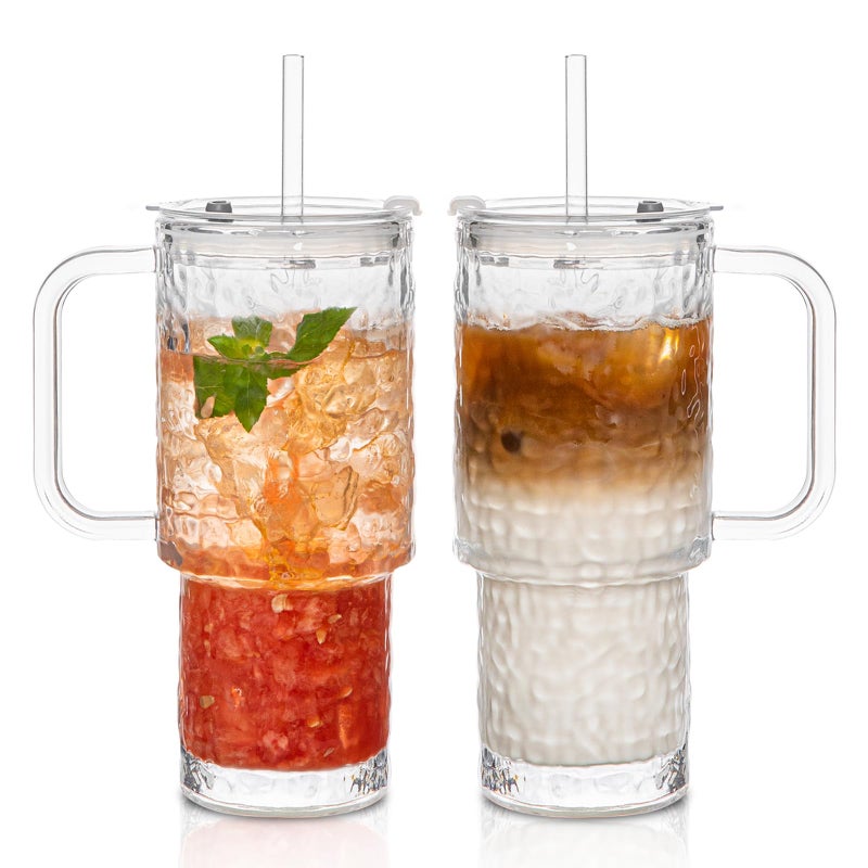 SoulTimes 26oz Water Ripple Glass Tumbler with Handle & Lid, Reusable Iced Coffee Cups with Straws â€“ Set of 2, Glass Cups for Smoothies, Juice, Coffee, Tea â€“ Travel Mugs for Daily Use - Image 1