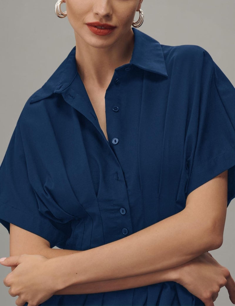 Yeokou Shirt Dress for Women Summer Casual Short Sleeve Button Down Loose Pleated Maxi Sundress with Pockets (Navy-XL) - Image 4