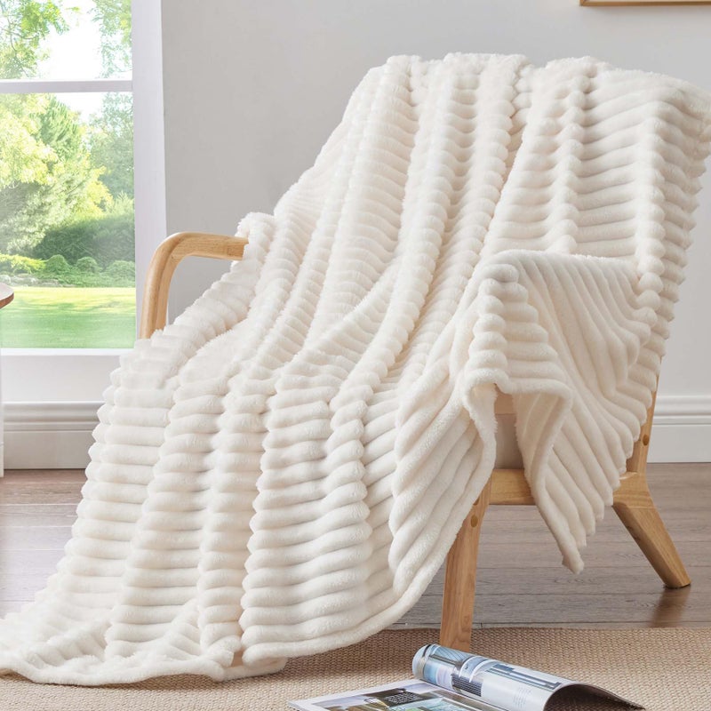 BEDELITE Fleece Throw Blanket for Couch - 300GSM Soft & Warm Fluffy Cream Blanket  Decorative and Giftable Striped Blankets for Women  Men  50""x70"" - Image 2