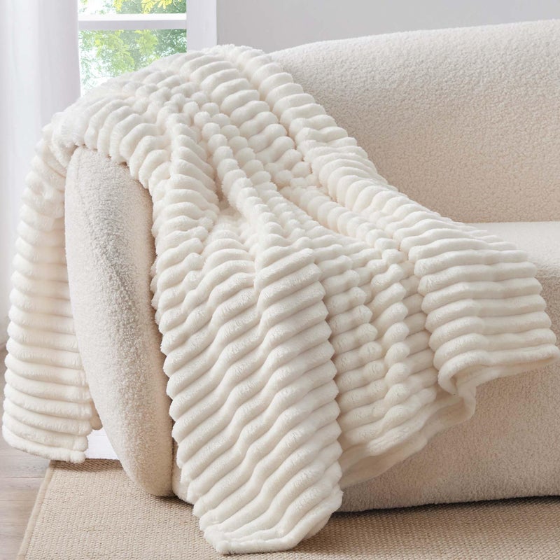 BEDELITE Fleece Throw Blanket for Couch - 300GSM Soft & Warm Fluffy Cream Blanket  Decorative and Giftable Striped Blankets for Women  Men  50""x70"" - Image 1