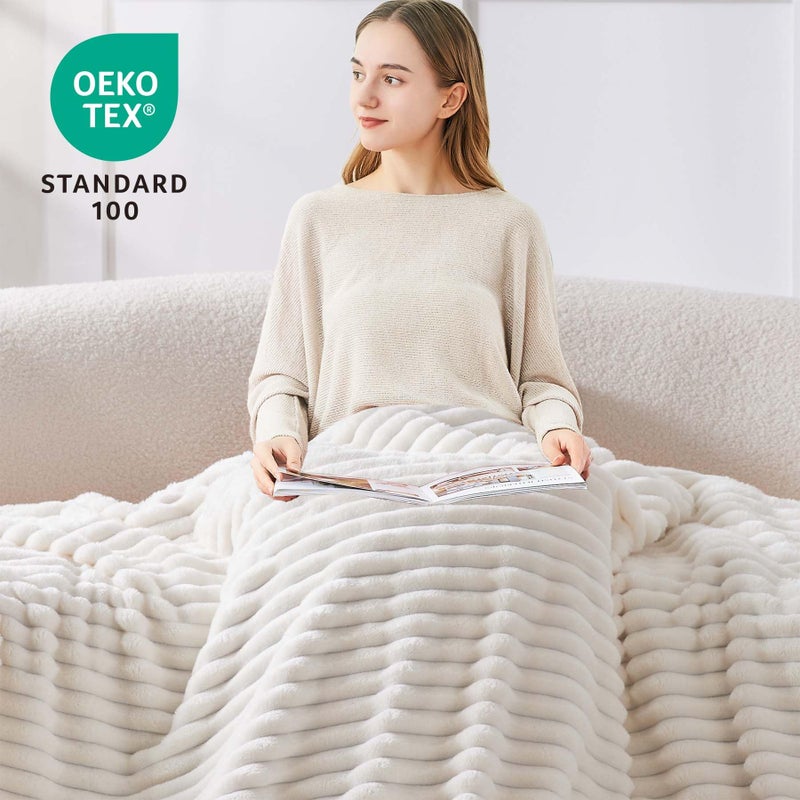 BEDELITE Fleece Throw Blanket for Couch - 300GSM Soft & Warm Fluffy Cream Blanket  Decorative and Giftable Striped Blankets for Women  Men  50""x70"" - Image 3