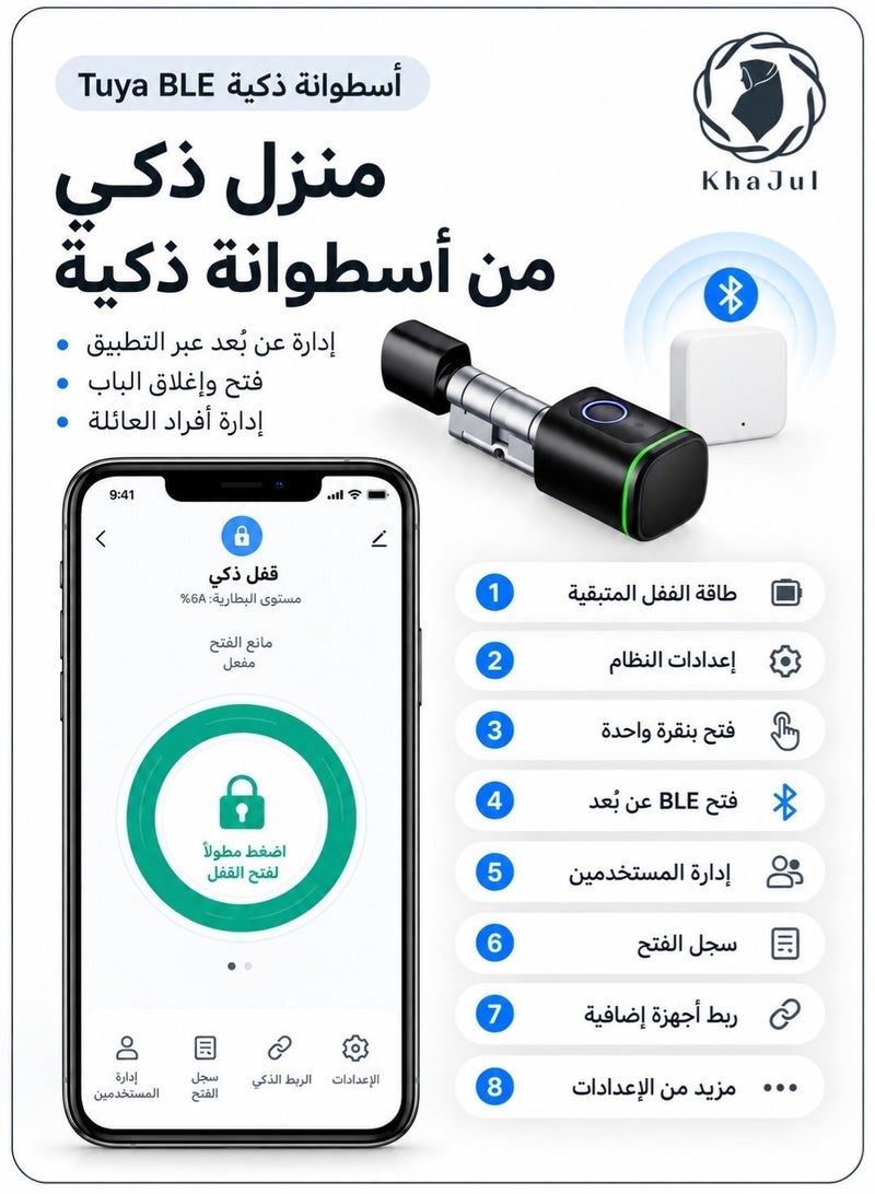خاجول أسطوانة قفل ذكي تعمل ببصمة الإصبع – خيارات دخول متعددة (بطاقة IC، تطبيق Tuya عبر البلوتوث، ومفتاح ميكانيكي)، قفل تلقائي، منفذ طاقة طوارئ Type-C، لون أسود - Image 5