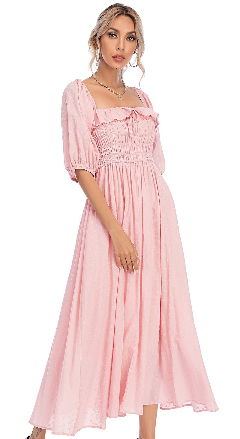 R.Vivimos Women Summer Half Sleeve Cotton Ruffled Vintage Elegant Backless A Line Flowy Long Dresses (Large, Pink#1) - Image 1
