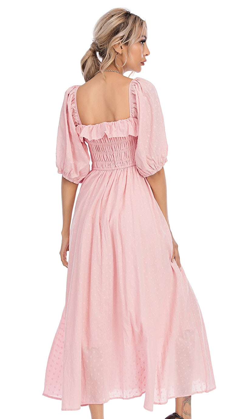 R.Vivimos Women Summer Half Sleeve Cotton Ruffled Vintage Elegant Backless A Line Flowy Long Dresses (Large, Pink#1) - Image 3