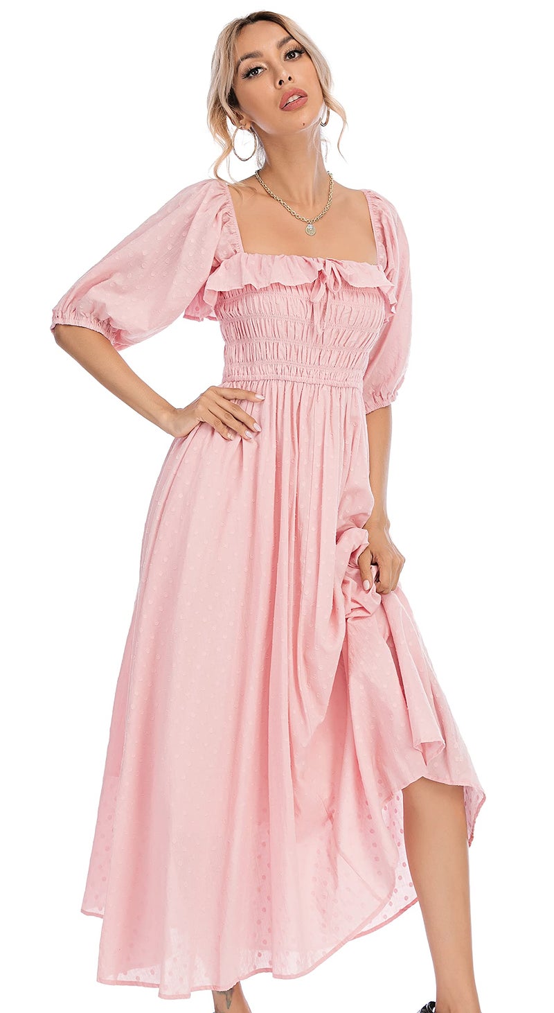 R.Vivimos Women Summer Half Sleeve Cotton Ruffled Vintage Elegant Backless A Line Flowy Long Dresses (Large, Pink#1) - Image 5
