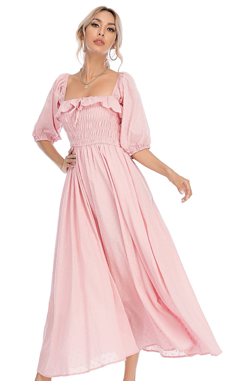 R.Vivimos Women Summer Half Sleeve Cotton Ruffled Vintage Elegant Backless A Line Flowy Long Dresses (Large, Pink#1) - Image 4