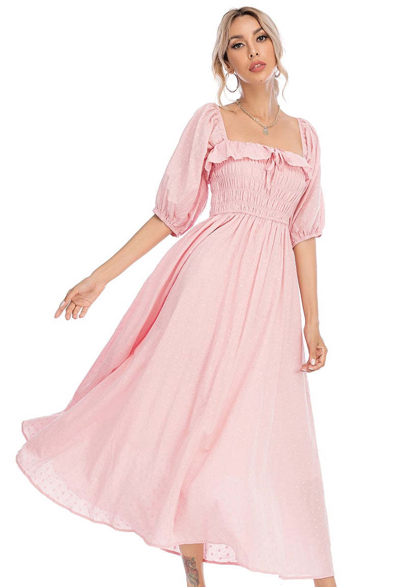 R.Vivimos Women Summer Half Sleeve Cotton Ruffled Vintage Elegant Backless A Line Flowy Long Dresses (Large, Pink#1) - Image 2