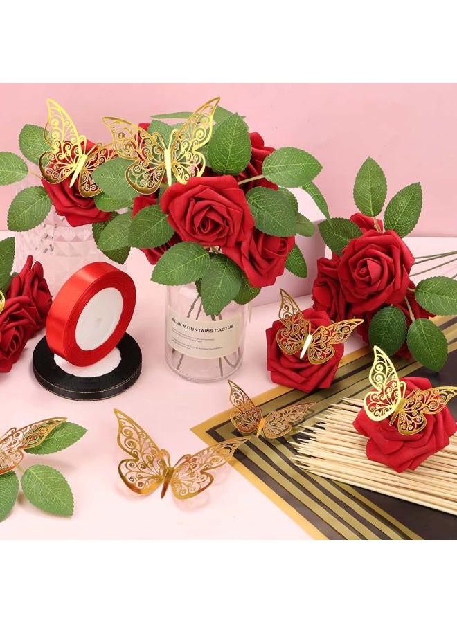 Tidponra Flower Wrapping Bouquet Paper with Artificial Flowers 25pcs Real Looking Red Foam Fake Roses with Stems for DIY Wedding Bouquets Flower Arrangements - Image 4