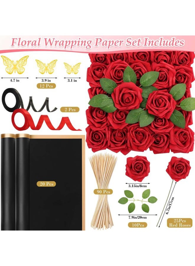 Tidponra Flower Wrapping Bouquet Paper with Artificial Flowers 25pcs Real Looking Red Foam Fake Roses with Stems for DIY Wedding Bouquets Flower Arrangements - Image 3