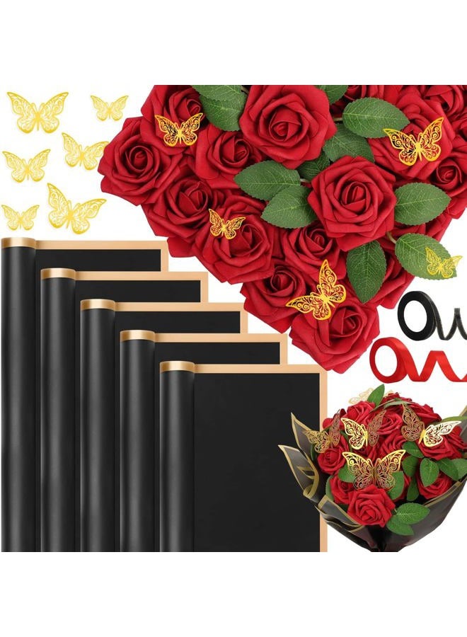 Tidponra Flower Wrapping Bouquet Paper with Artificial Flowers 25pcs Real Looking Red Foam Fake Roses with Stems for DIY Wedding Bouquets Flower Arrangements - Image 1