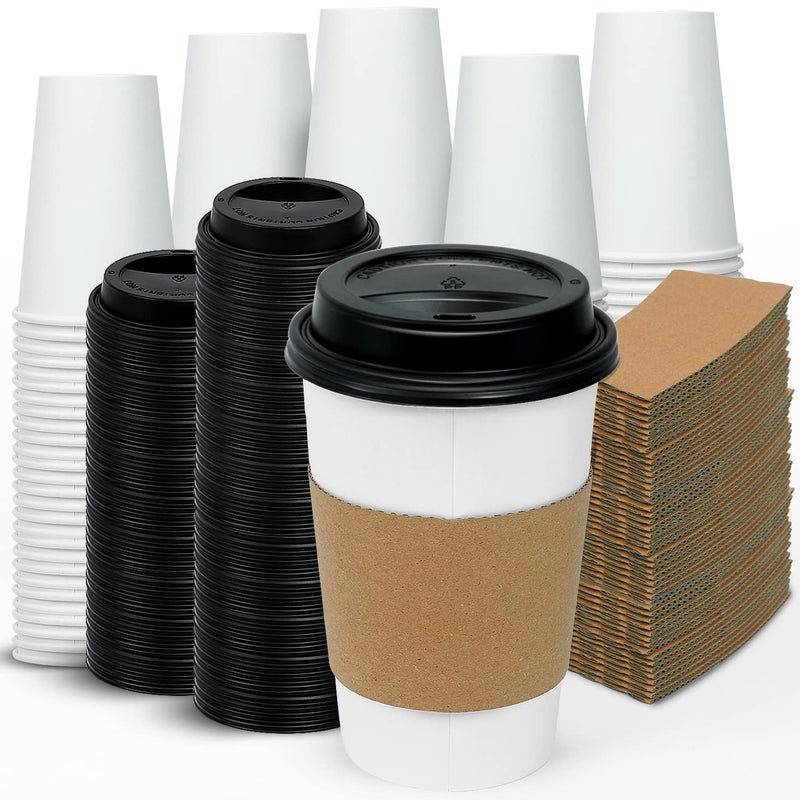 Ginkgo 100 Pack 16 oz Disposable Coffee Cups with Lids and Sleeves  To Go Coffee Cups for Hot Drinks Chocolate Cocoa and Coffee Bar