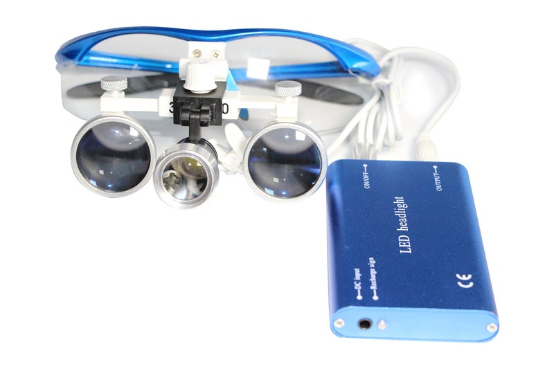 smiledt Dental Power Dental Binocular Loupes 3.5X 420mm + LED Head Light Lamp +Aluminum Box (Blue) - Image 1