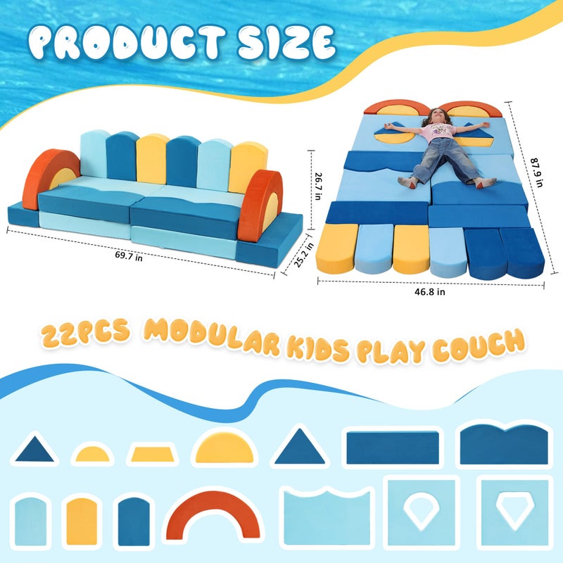 Erament 22Pcs Modular Kids Play Couch for Toddler - Kids Sofa Bed for Playroom, Convertible Furniture Ocean Theme Modular Sofa Building Fort for Inspiring Creativity - Image 2