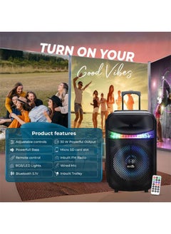 iCruze Carnival 30W Party Speaker with TWS 6 hours Playtime, 2200mAH with Microphone Bluetooth/AUX/USB/SD Card/FM Radio, Black  - Image 3