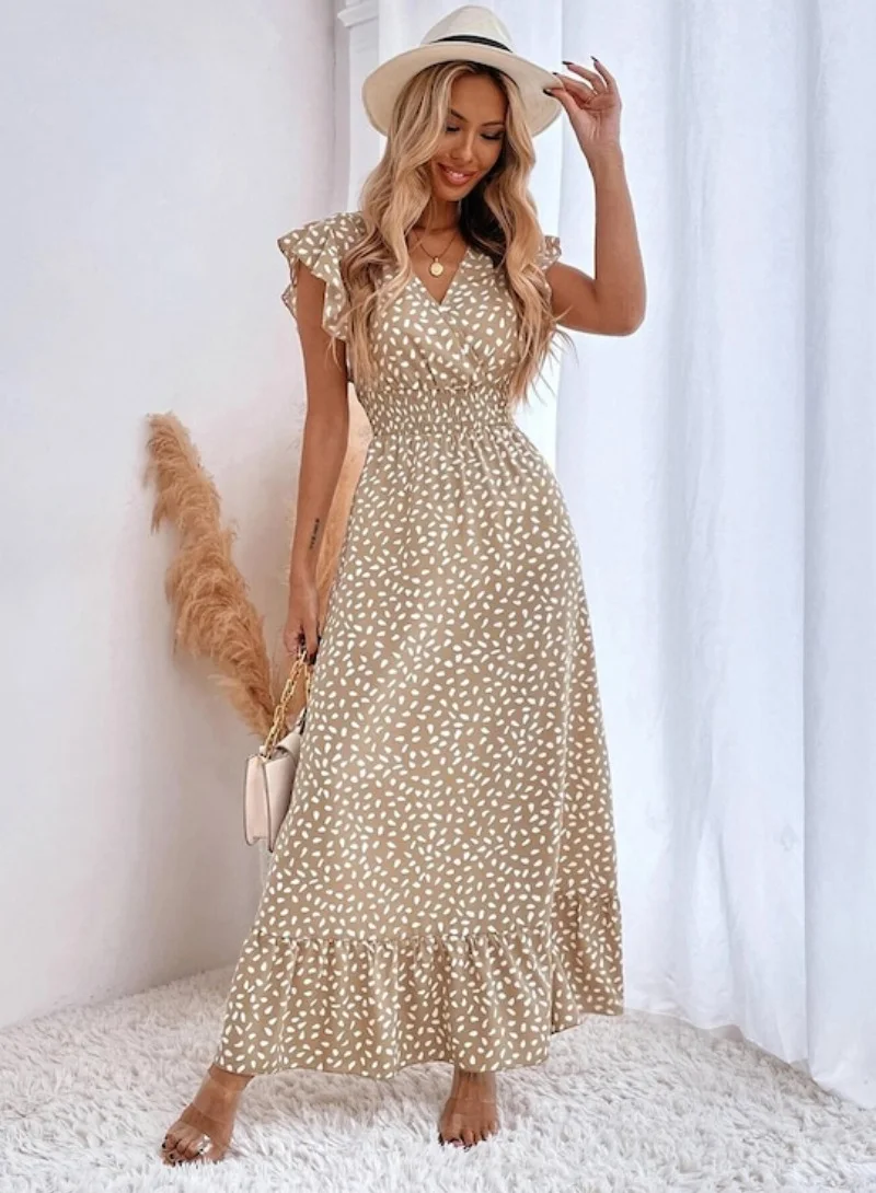 يونيكي Brown Basic Animal Print V Neck Short Sleeve Dress