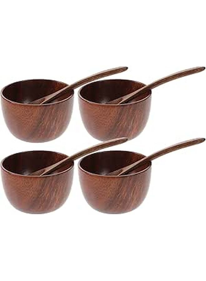8Pcs Natural Wood Bowls and Spoons Set 8cm Diameter 12cm Multi Function Serving - Image 1