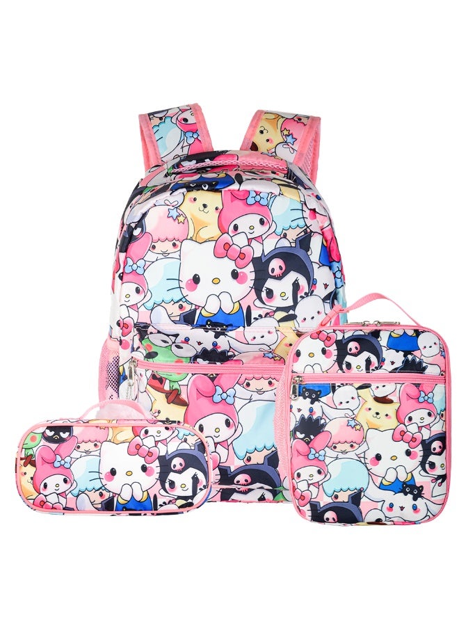 General New cartoon animation pink three-piece backpack (available for primary and secondary school children, travel, school, mountain climbing, sports) - 3  - Image 1