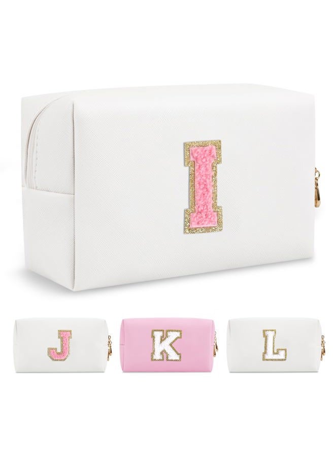 ChaoGreat Personalized Makeup Bag Initial A-Z Preppy Patch Bag,Small PU Leather Travel Cosmetic Bag Pouch with Zipper,White Cute Toiletry Bag,Gift Ideal for Teen Girls Women Birthday Friend Mom, White - Image 1