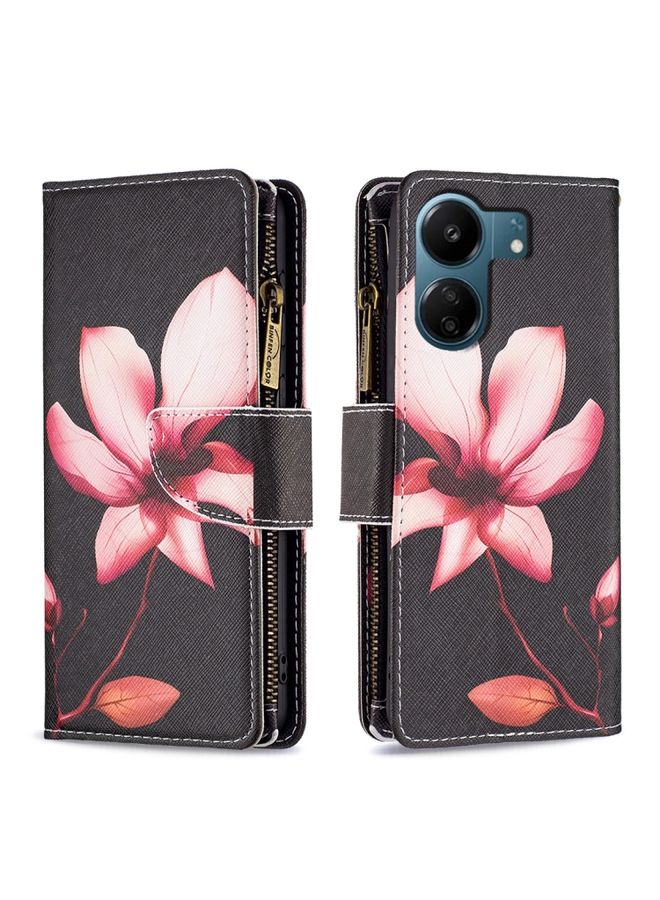 HuHa Case Cover For Xiaomi Redmi 13C Colored Drawing Pattern Zipper Leather Phone Case Lotus 