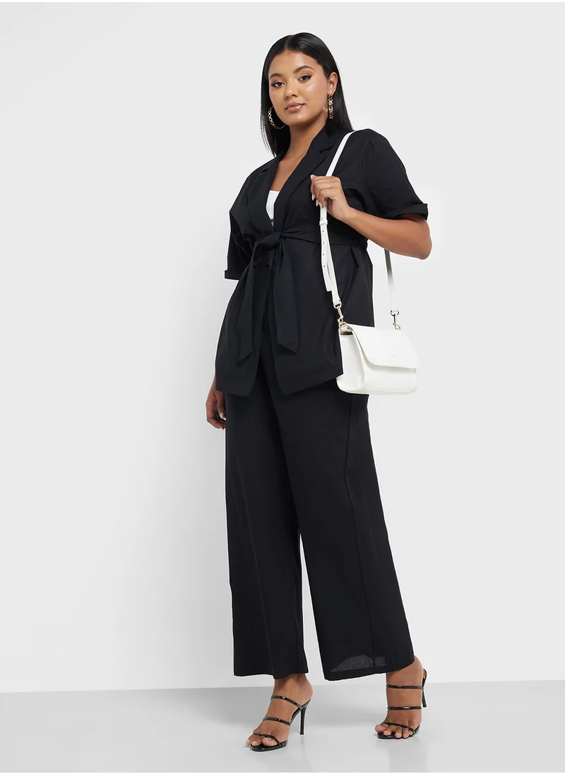 جينجر بلس Belted Lapel Collar Shirt & Pant Coord Set