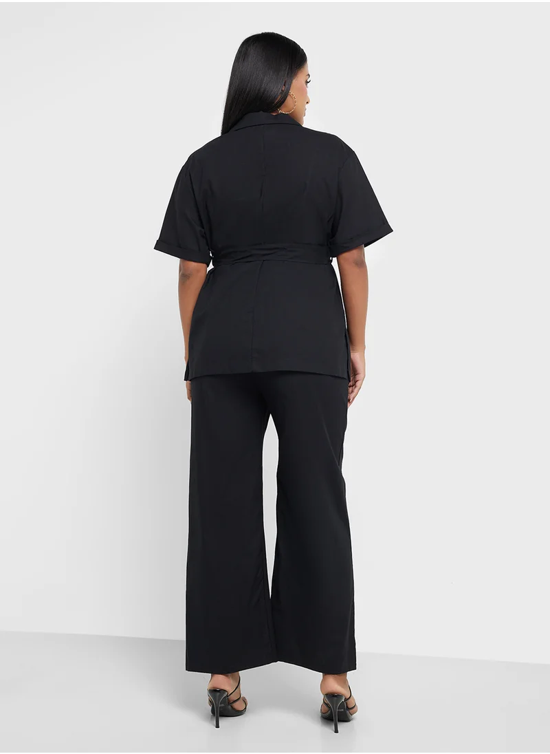 جينجر بلس Belted Lapel Collar Shirt & Pant Coord Set