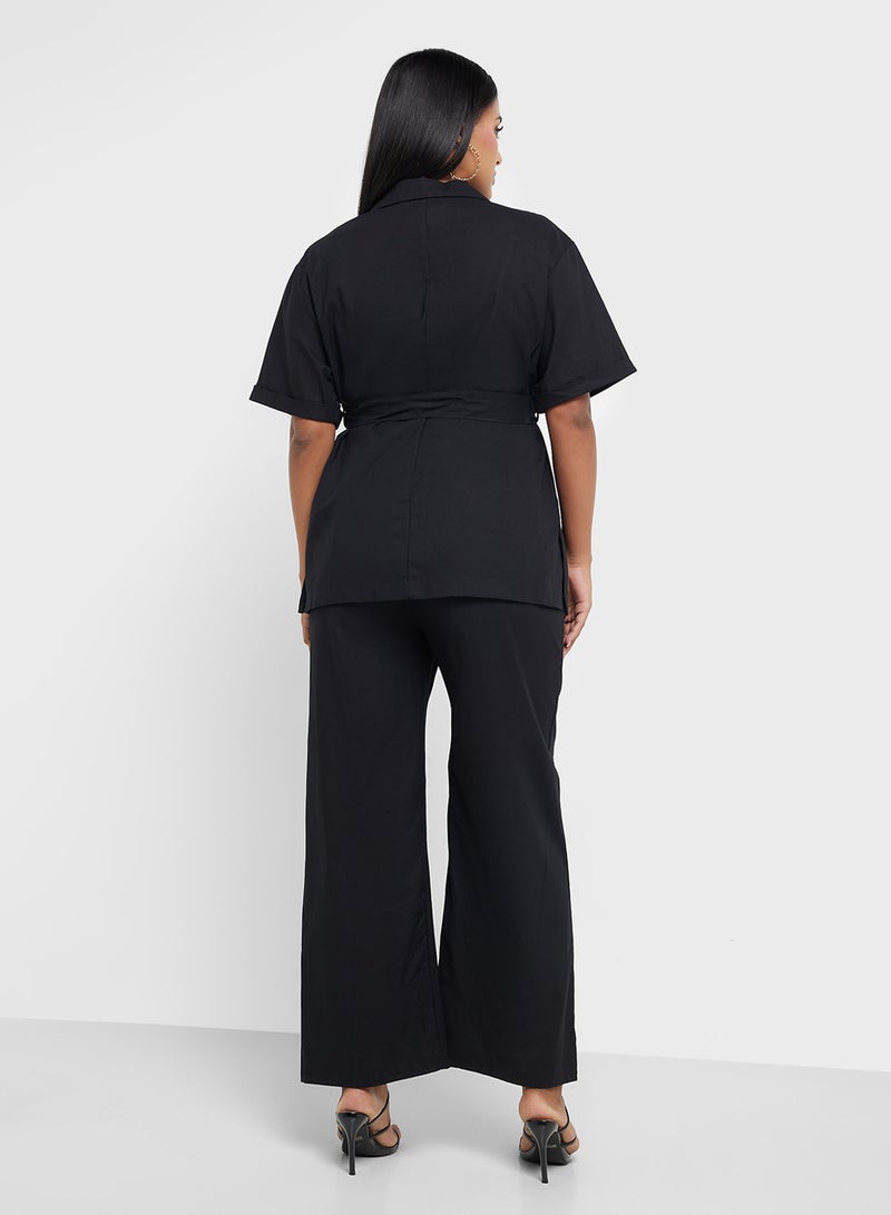 Ginger Plus Belted Lapel Collar Shirt & Pant Coord Set  - Image 2