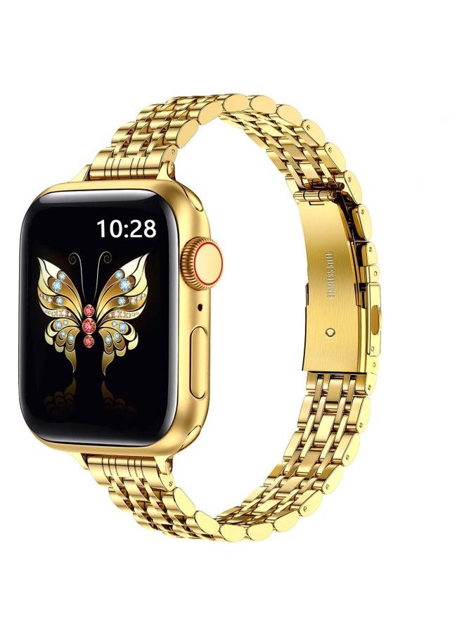 Generic Replacement Strap For Apple Watch Series 4 44mm Slim Seven Bead Slingshot Buckle Metal Watch Band Gold 