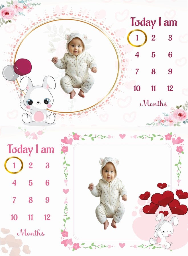 Hoolloomooloo Baby Milestone Blanket Pack of 2 - Bunny with Heart Balloons & Bunny with Round Balloons | Soft Fleece 90x120cm | 1-12 Month Photo Prop for Newborn Photography with Golden Ring - Image 1