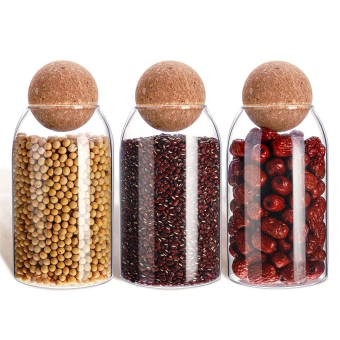 3 PCS GLASS JAR STORAGE CONTAINER WITH BALL CORK DECORATIVE ROUND ORGANIZER BOTTLE SEALED CANISTER JAR WITH AIRTIGHT SEAL WOODEN LID FOR FOOD COFFEE BEAN CANDY BISCUITS SPICE800 ML 27 OZ