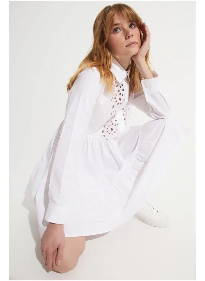 جون June Guipure Detailed Shirt Dress White