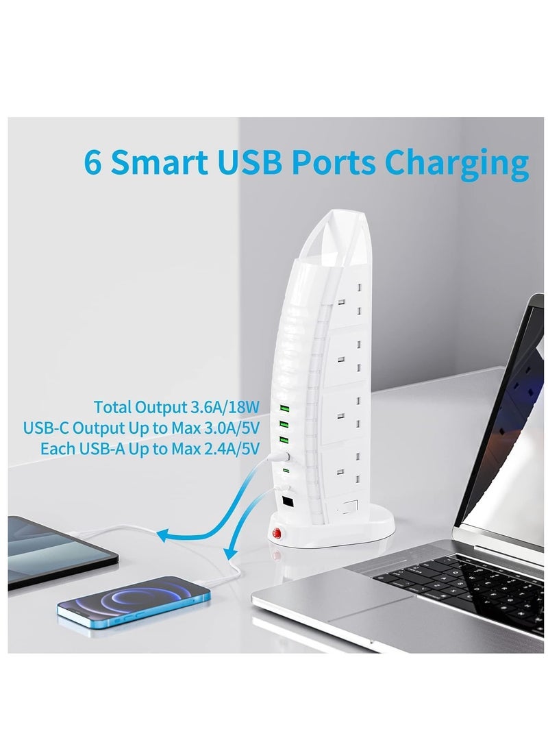 باور ماكس - برج توصيل كهربائي بـ 8 مآخذ مع 6 منافذ USB (2.1A) - 2500 واط 125 فولت-220 فولت جهد عالمي، مقياس جهد رقمي، كابل بطول 5 أمتار - واقي كهربائي أبيض للاستخدام المنزلي/المكتبي/السفر - Image 1
